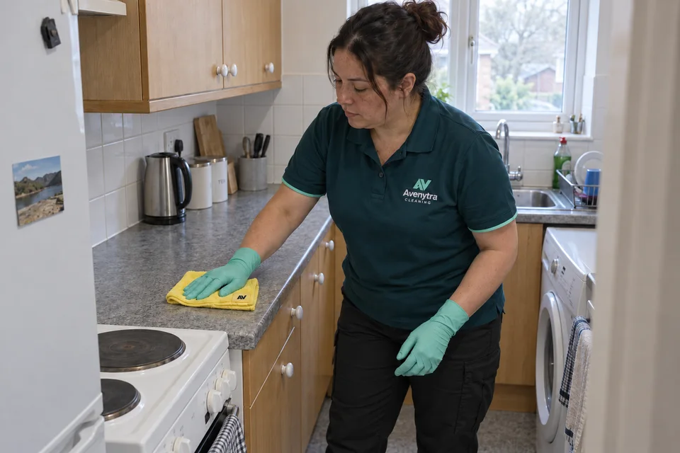 Avenytra cleaner wiping a kitchen counter in a compact apartment kitchen