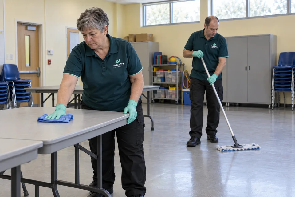 Two Avenytra cleaners wiping tables and mopping the floor of a community hall