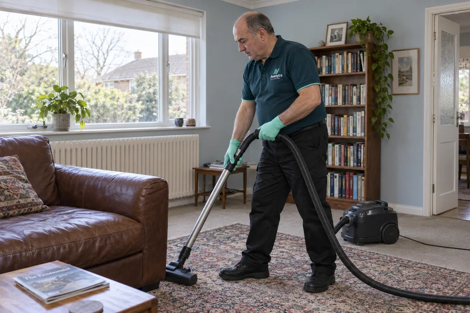 Avenytra cleaner vacuuming a rug in a living room with a leather sofa and bookshelves