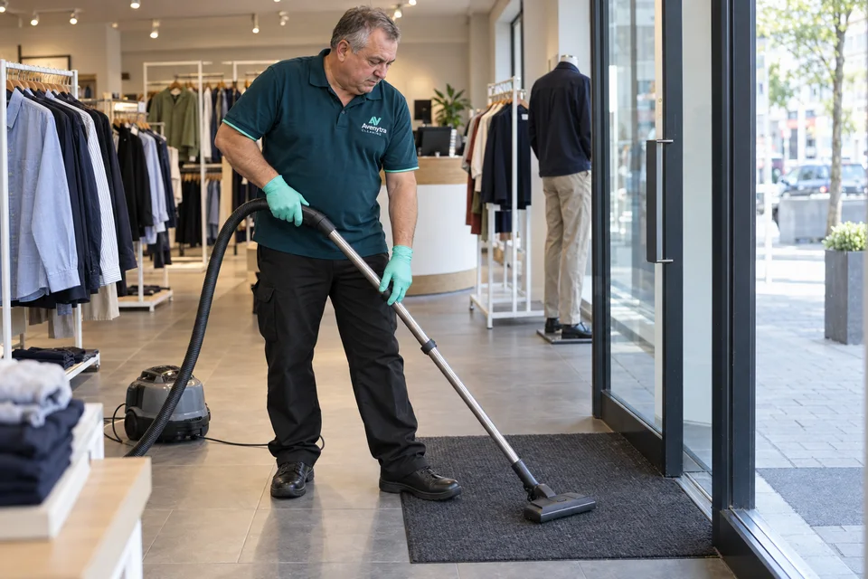 Avenytra cleaner vacuuming the entrance mat of a clothing store